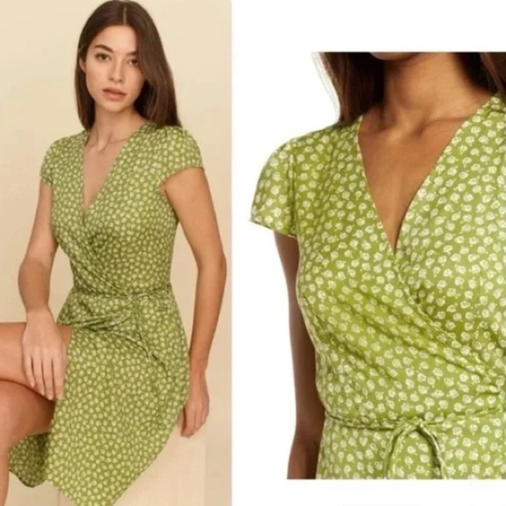 Reformation Zena Green Floral Wrap Dress Medium